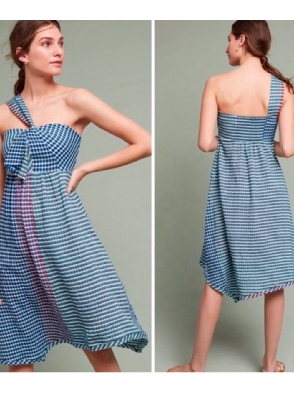 Maeve Blue and White One-Shoulder Gingham Dress